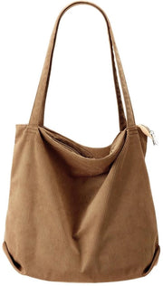 Borsa a Spalla in Velluto Corduroy Grande - Tasca a Schiena - Borsa da Giorno - Borsa con Zip - Borsa a Mano - Adatta per Scuola/Università