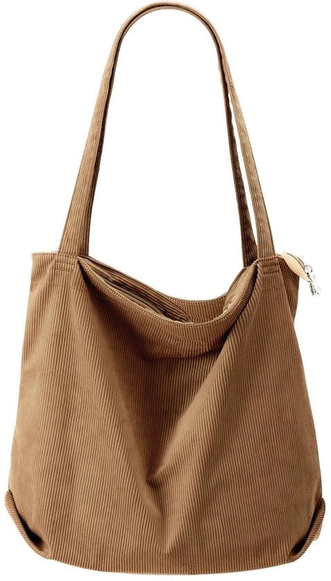 Borsa a Spalla in Velluto Corduroy Grande - Tasca a Schiena - Borsa da Giorno - Borsa con Zip - Borsa a Mano - Adatta per Scuola/Università