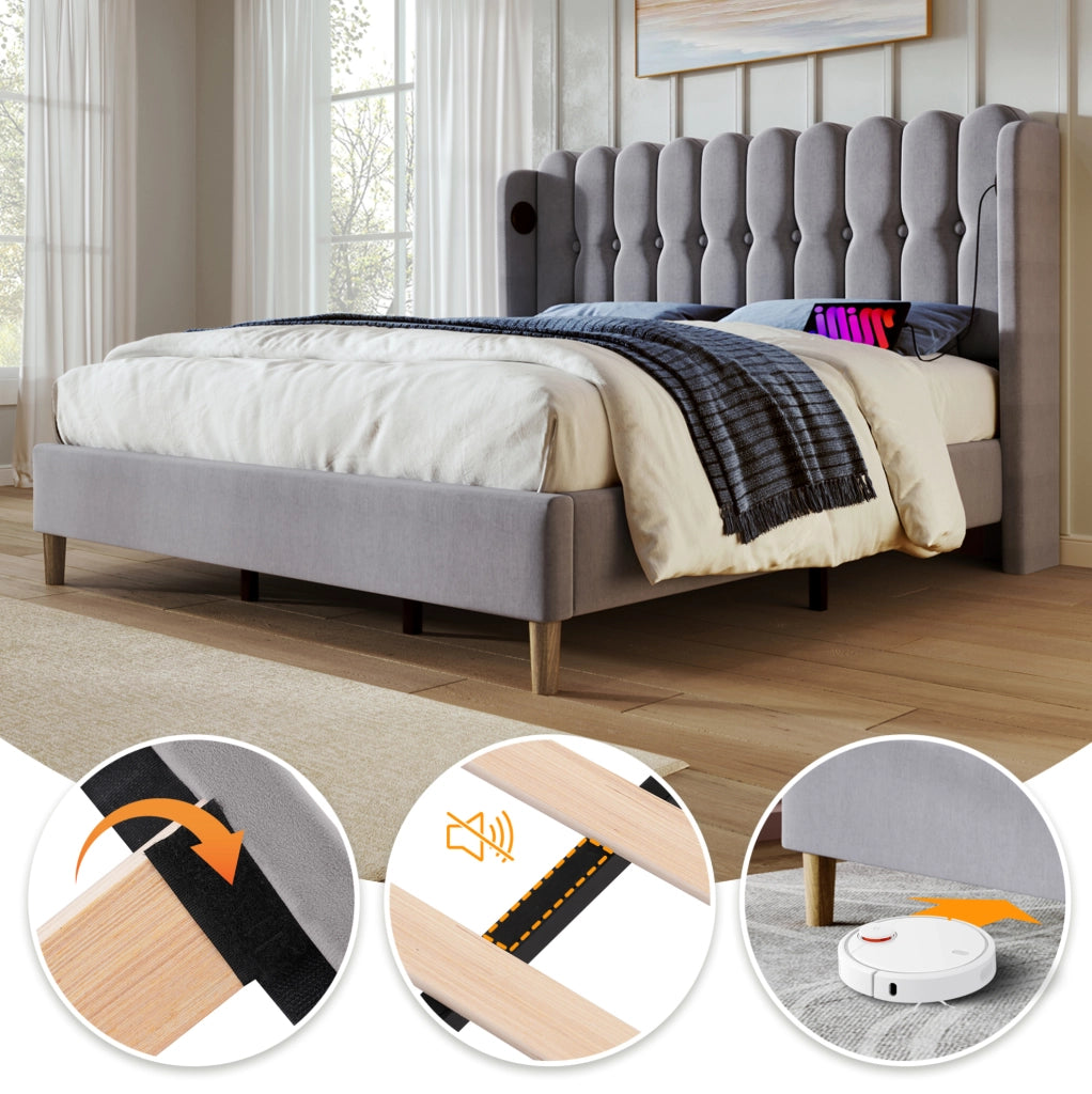 Letto matrimoniale imbottito 180x200 cm in lino grigio con USB e Type-C