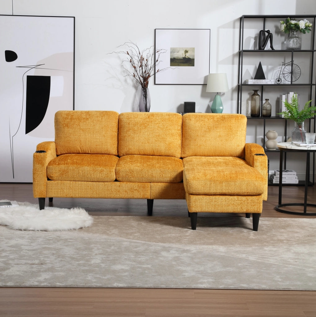 Divano 4 posti 196.5x75x77 cm con pouf contenitore; portabicchieri e tasche laterali in chenille gialla