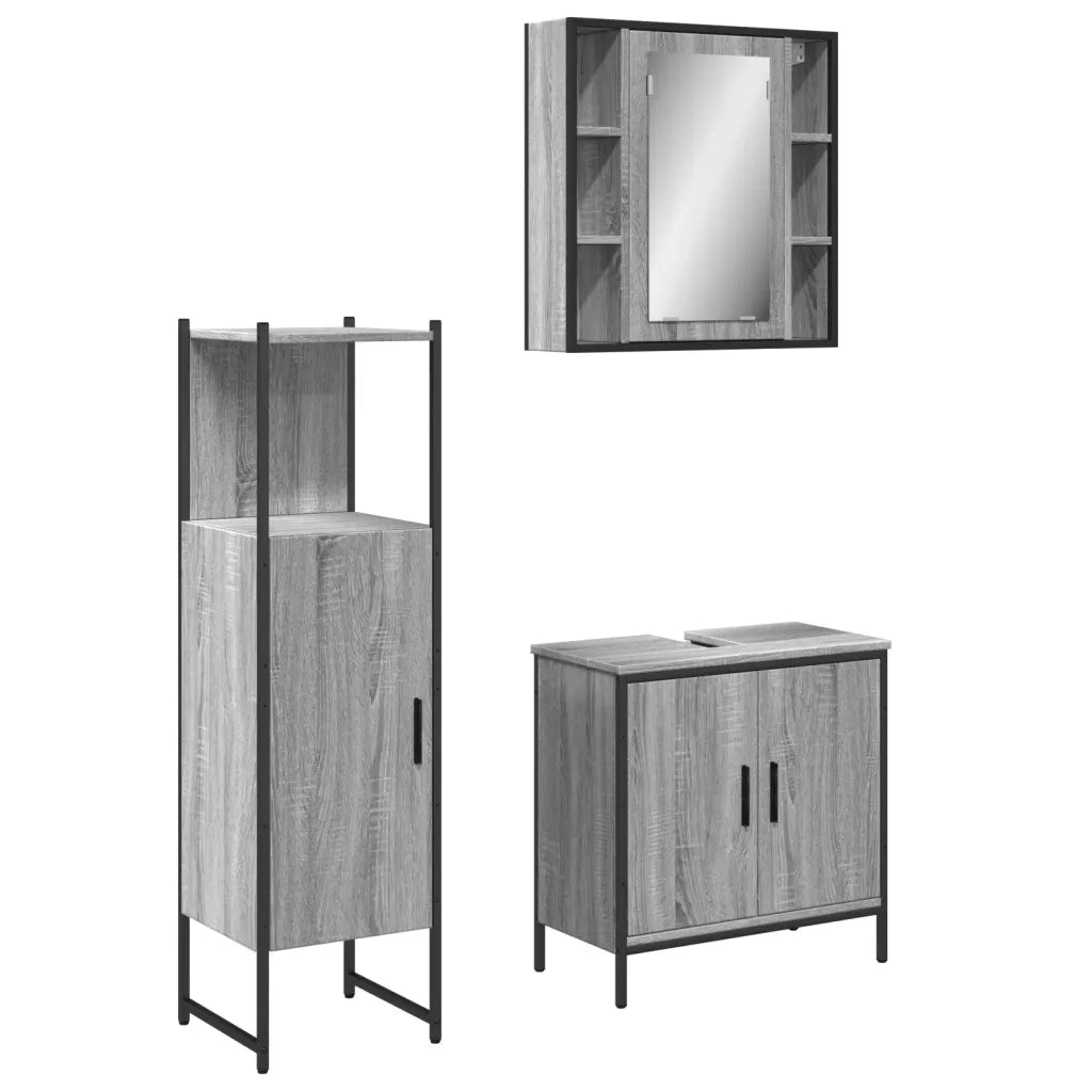 Set Mobili da Bagno | Armadio da bagno 3 pz Grigio Sonoma in Legno Multistrato
