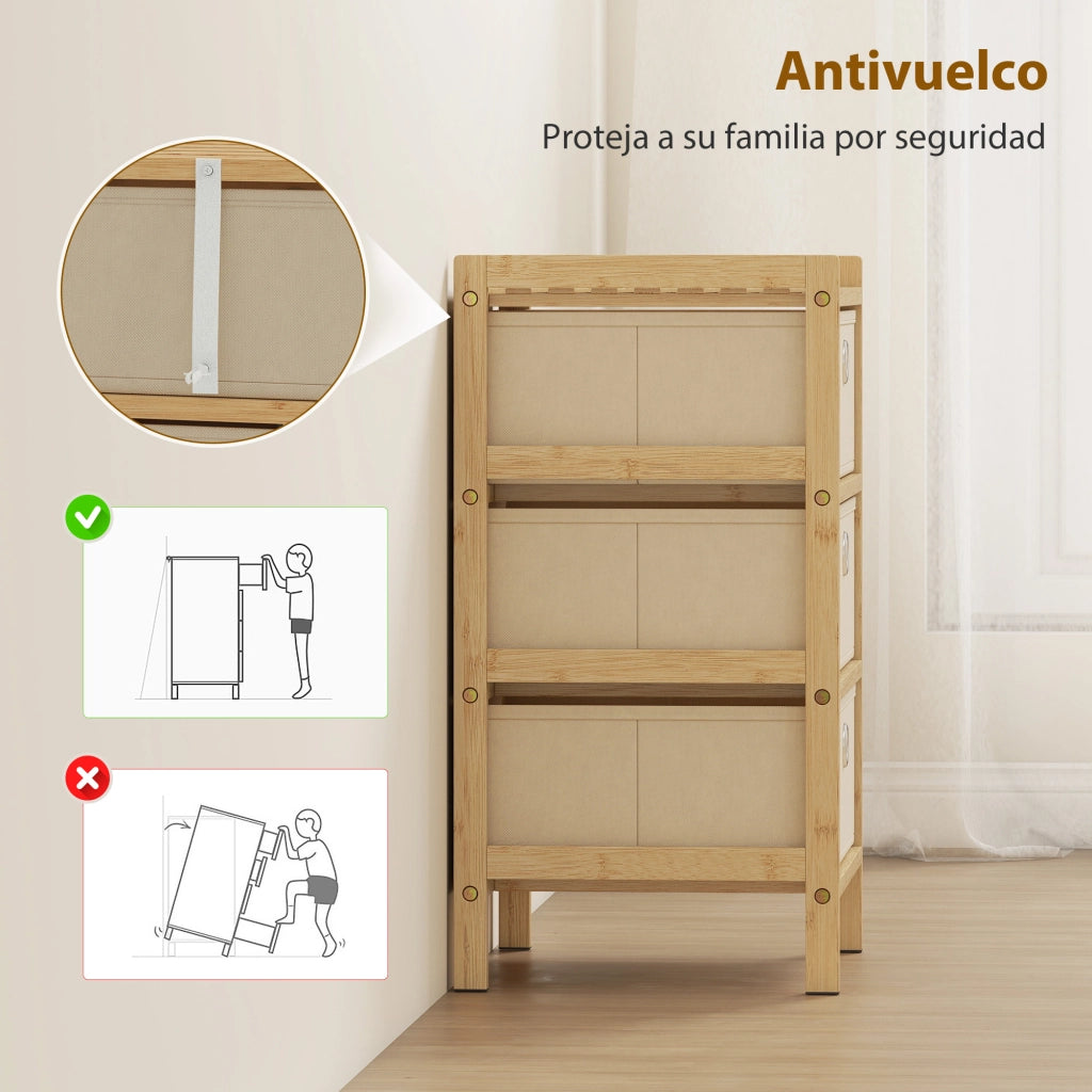 C¨®moda con 3 cassetti in tessuto e struttura in bamb¨´ ¨C zephmum ¨C crema/naturale