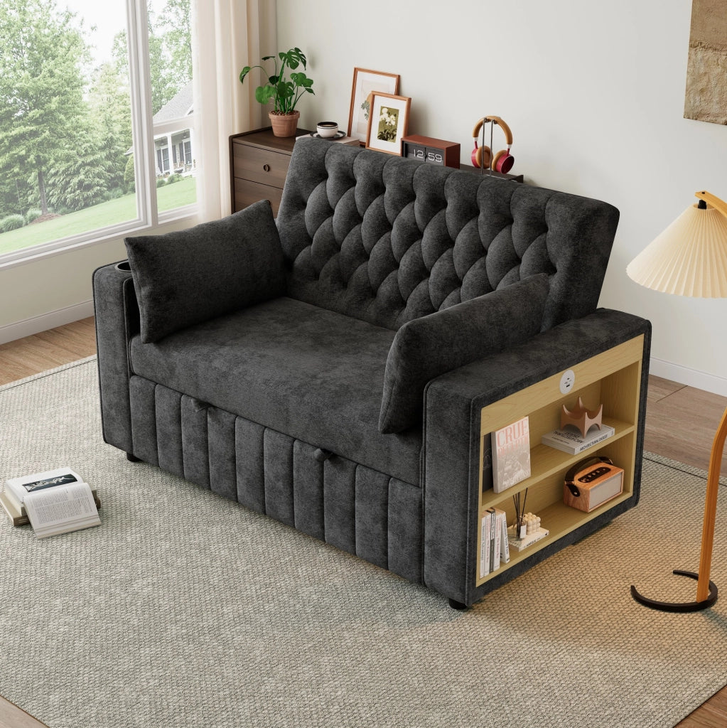 Divano letto a 2 posti in chenille grigio con USB; bracciolo portabicchieri e schienale regolabile