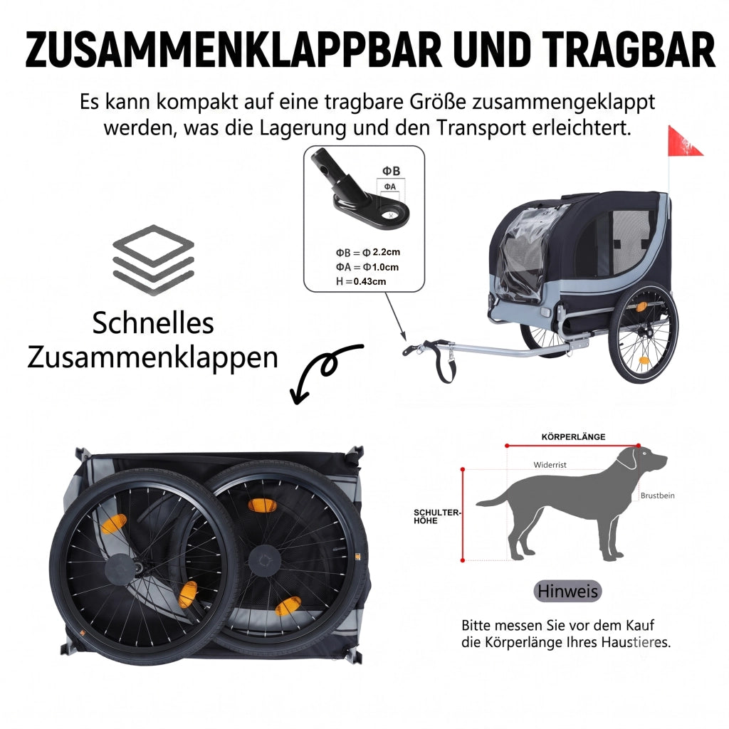RIMORCHIO PER CANI DA BICI 20" Nero-Grigio in Acciaio fino a 40 kg