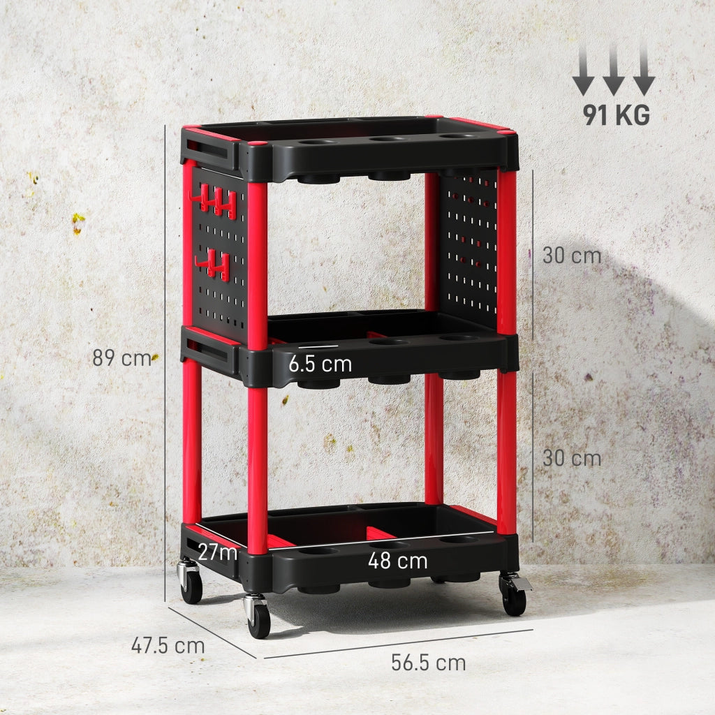 Carrello Porta Attrezzi a 3 Livelli in Plastica con Pannello Forato Laterale, Nero e Rosso