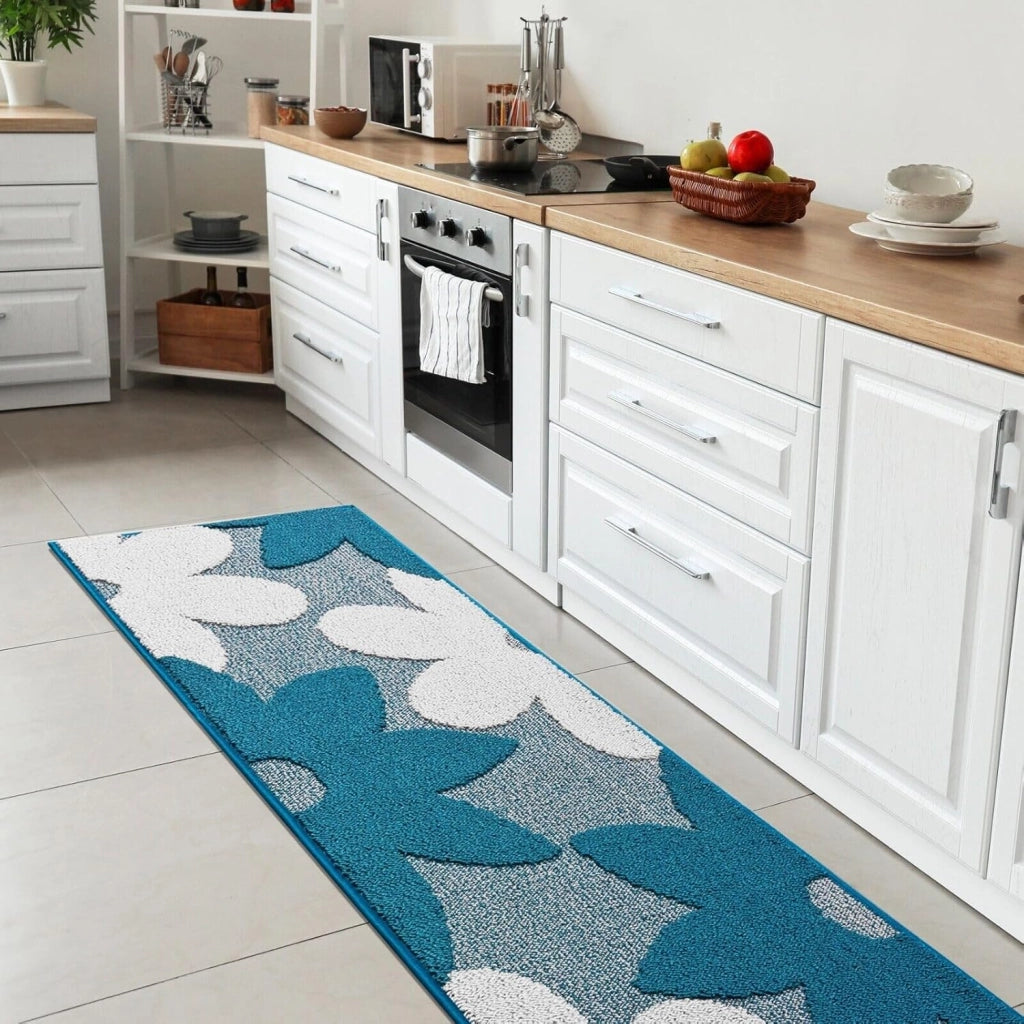 Tappeto Cucina 3D Fiore 57x180 cm Tridimensionale Morbido Moderno Passatoia Antiscivolo Blu