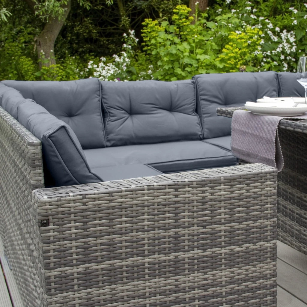Set d'angolo in rattan Mobili da giardino Grigio Divano Sgabelli Tavolo Cuscini impermeabili 9 Posti