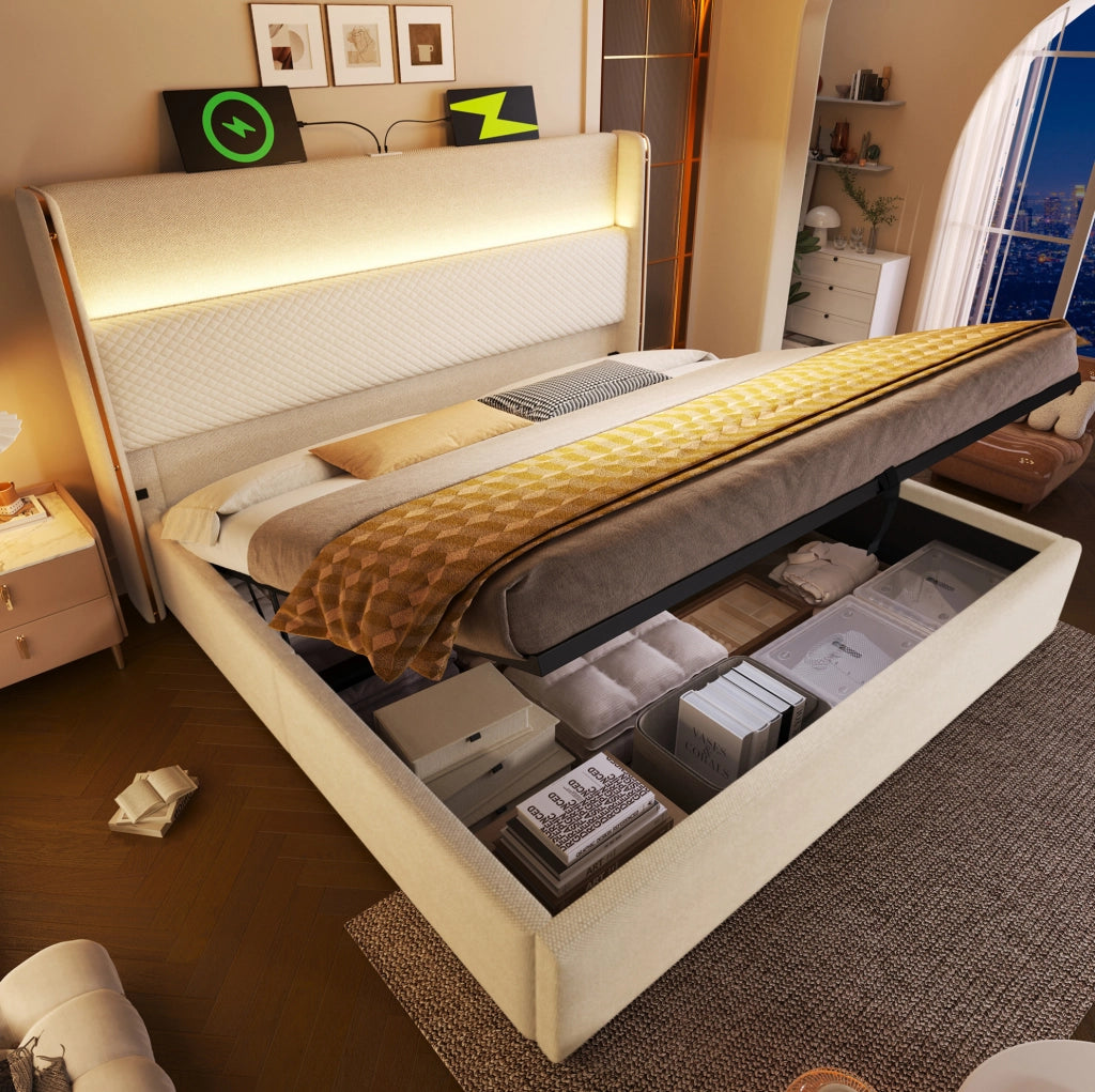 Letto matrimoniale idraulico 140x200 cm con testiera alta; LED; USB e Type-C; beige in lino
