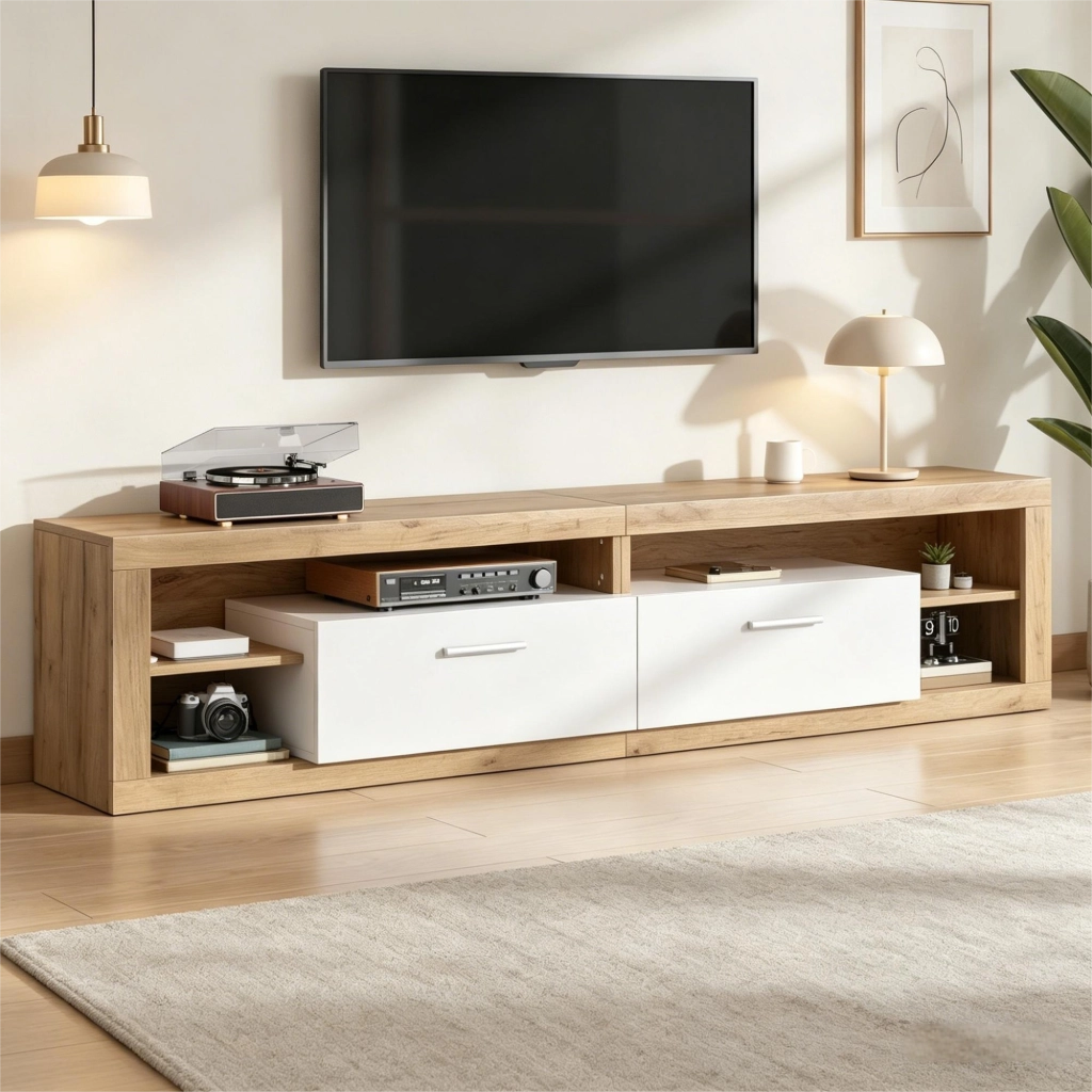 Mobile porta TV con LED controllato da app, 2 cassetti e 4 vani aperti per soggiorno in truciolare naturale 180 × 35,5 × 50 cm