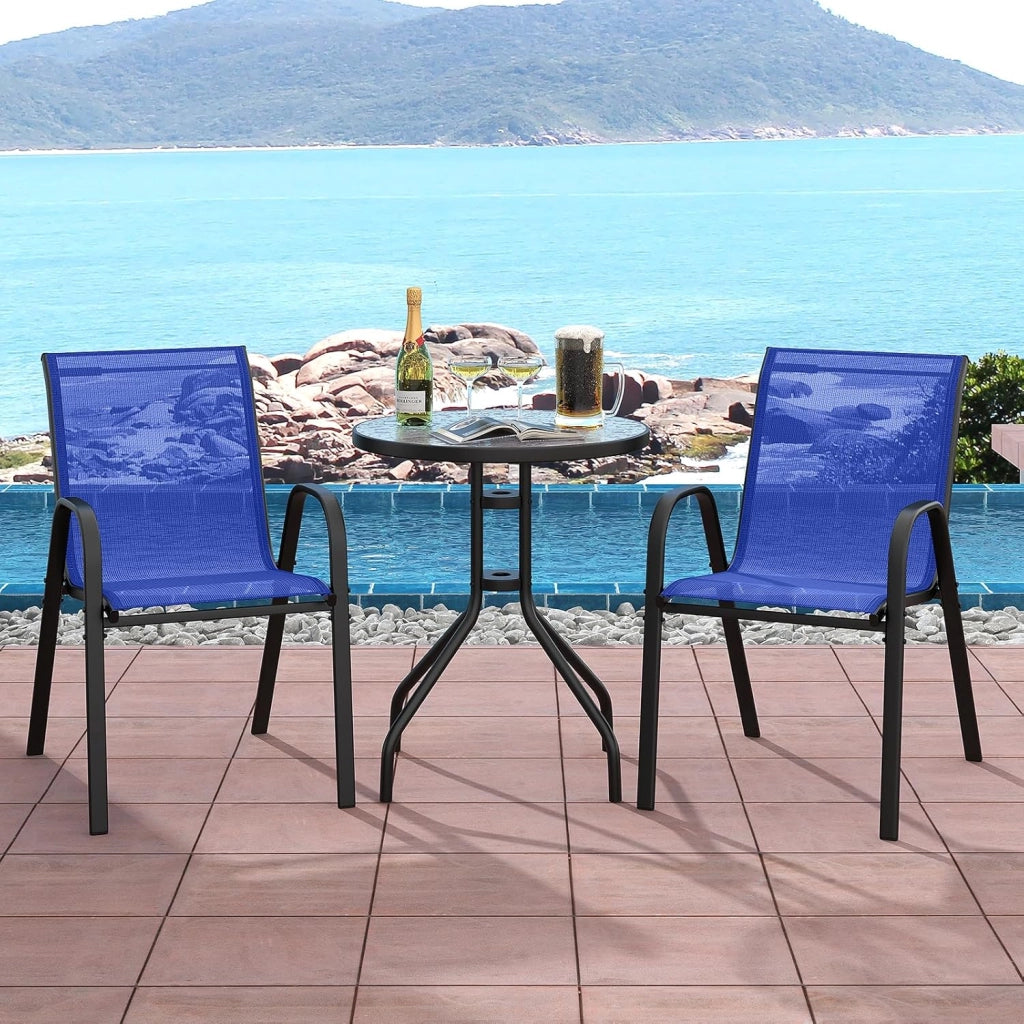 Set di 2 Sedie da Giardino con Tavolo in Vetro, Schienale Alto e Seduta Larga, Telaio in Acciaio Verniciato a Polvere, Tessuto Textilene Traspirante, per Balcone e Esterno (Blu)