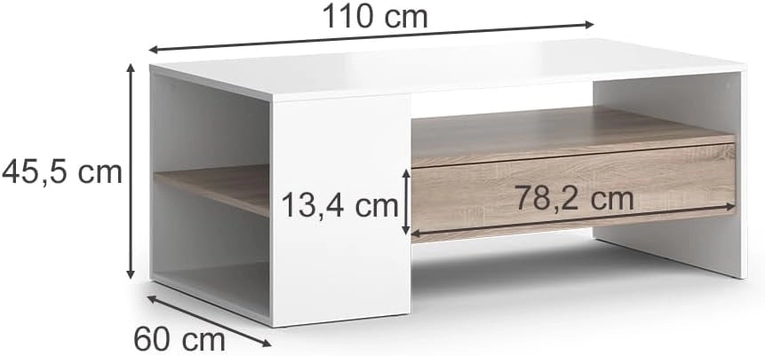 Tavolino Fabien, Bianco, 110 x 60 cm, con ripiani aperti per organizzare gli accessori per la casa