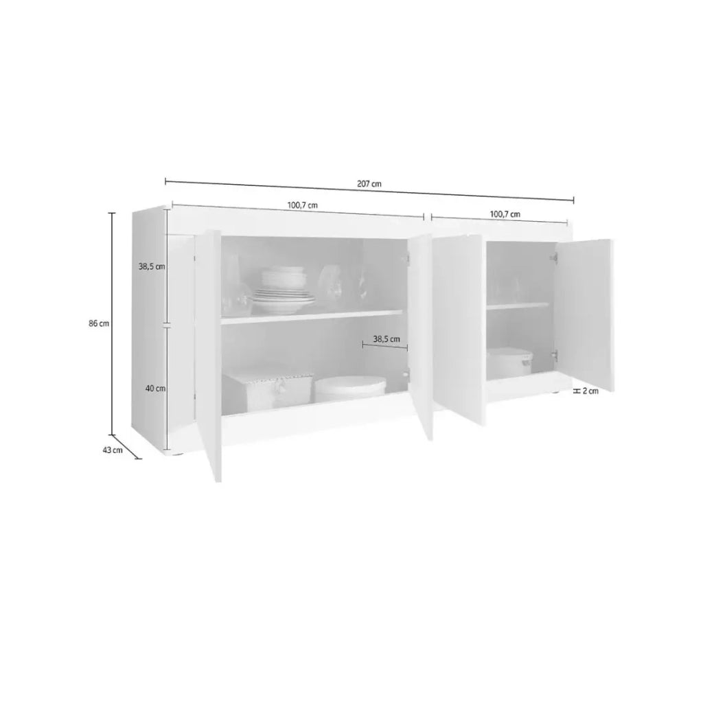 Buffet 4 porte, collezione ISORA, bianco lucido laccato/rovere chiaro, ideale per soggiorno moderno