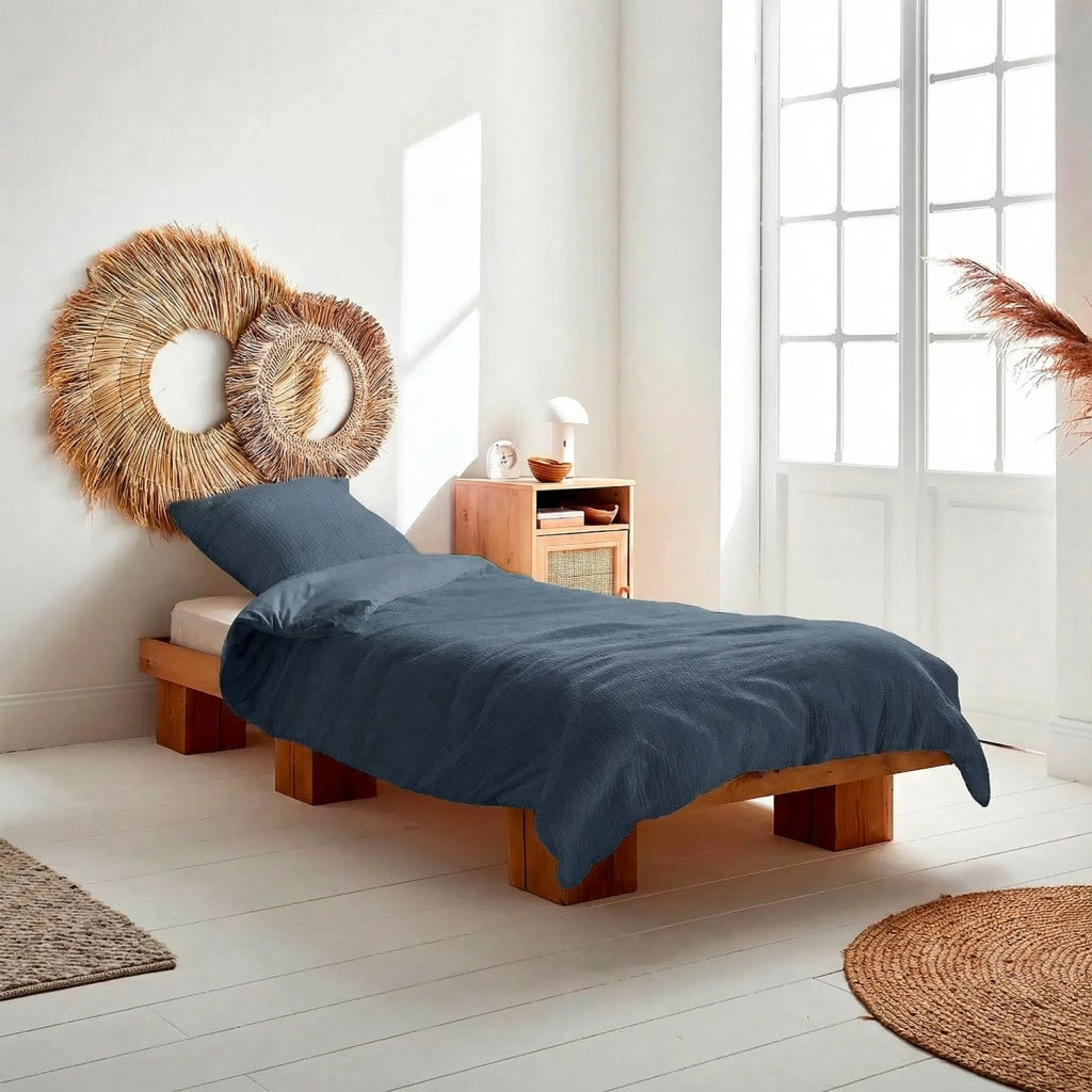 Completo letto in mussola di cotone blu scuro