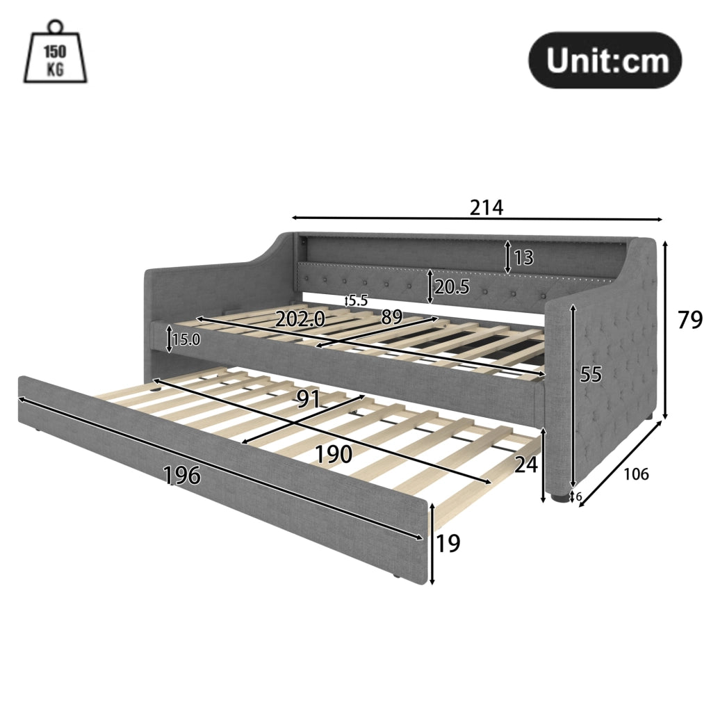 Letto a scomparsa con luci LED, USB e rete a doghe, grigio, 90 x 200 cm