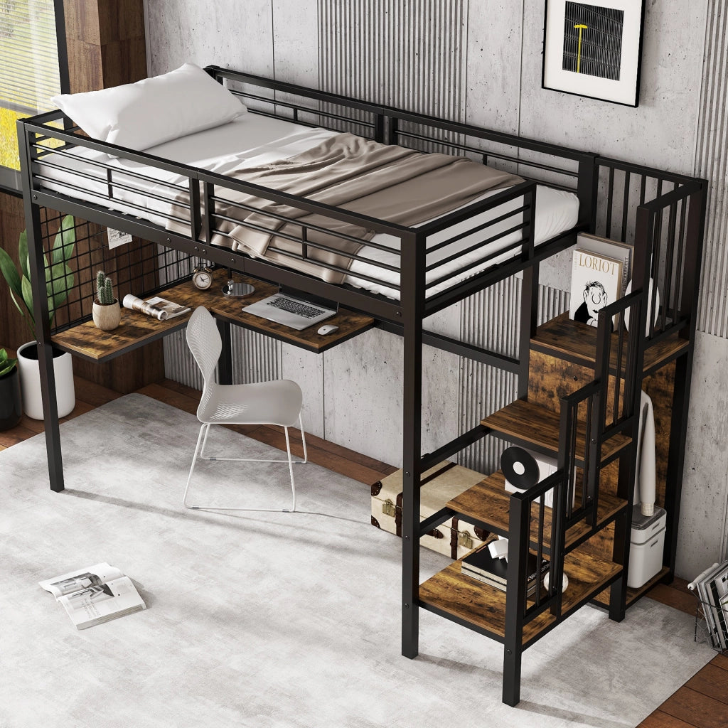 Letto a castello funzionale in ferro e MDF nero e noce scuro 90x200 cm