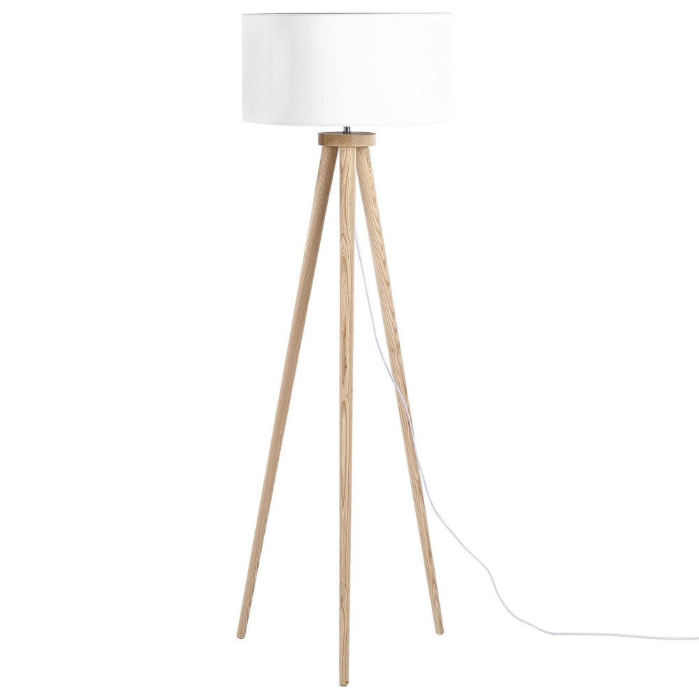 Lampada da Terra Bianca con Struttura in Legno Chiaro 140 cm Paralume in Tessuto Treppiede per Tamburo Design Moderno