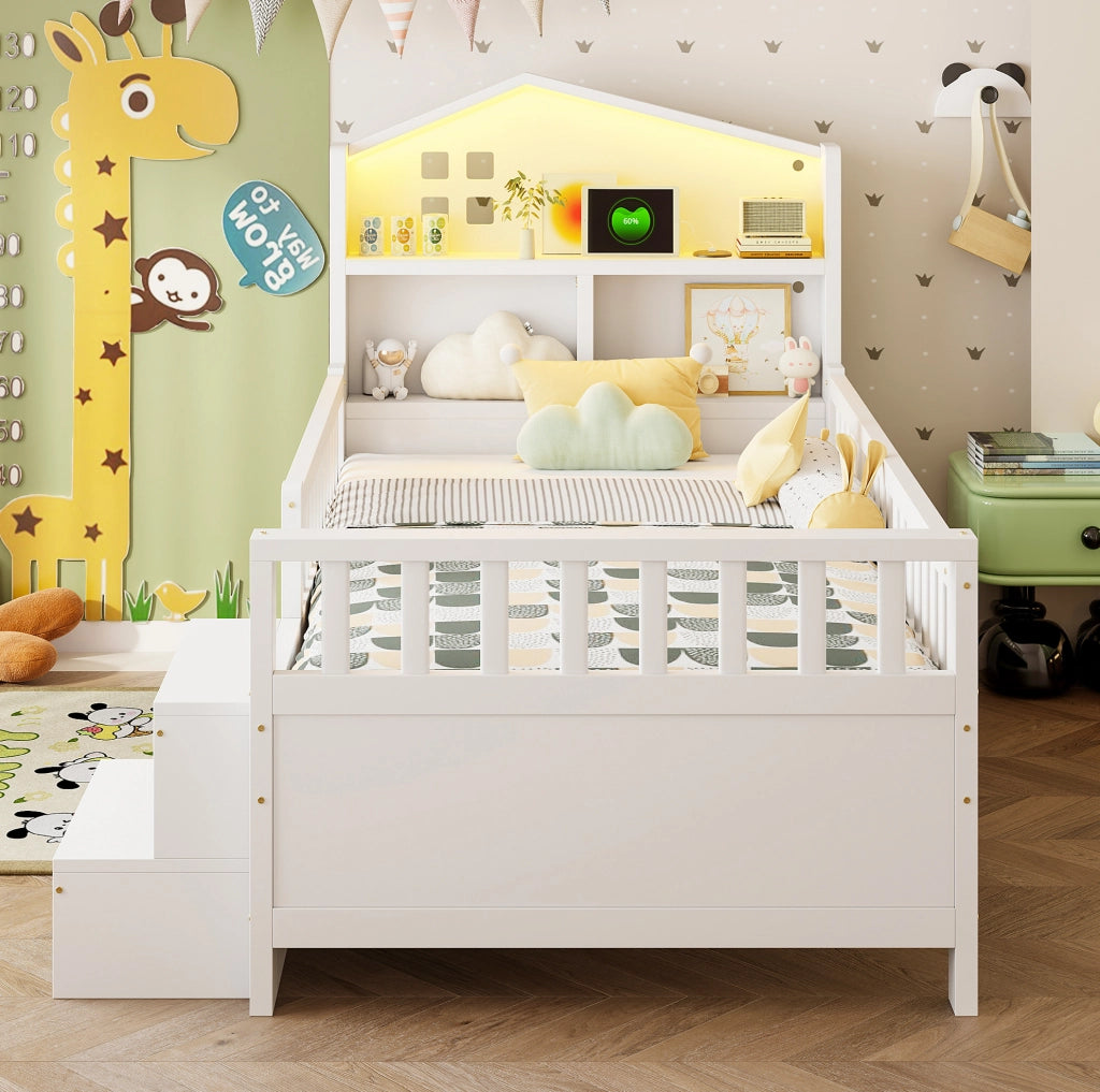 Letto per bambini con 4 cassetti; scale; LED e USB Type-C; 90x200 cm; bianco