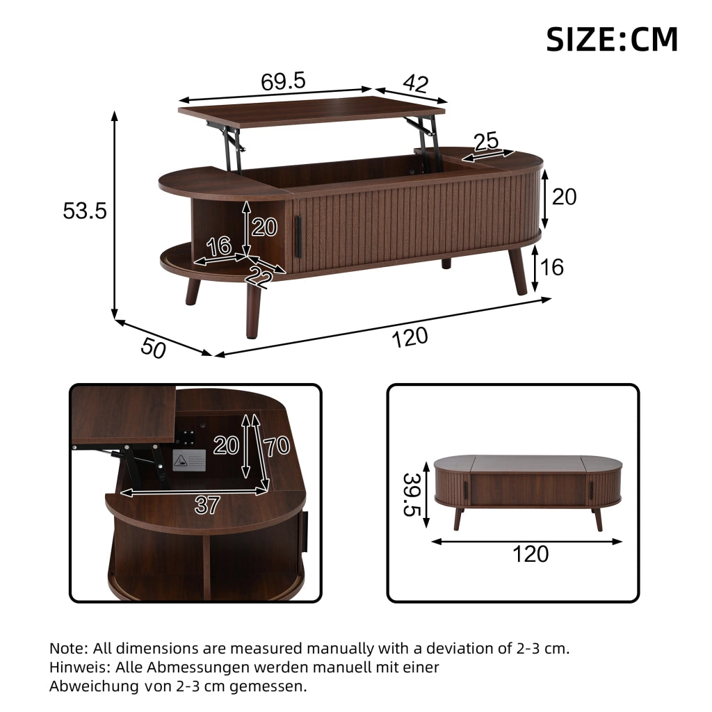 Tavolino basso sollevabile con vano contenitore nascosto e 4 vani, per soggiorno, in MDF, noce, 120 × 50 × 39,5 cm