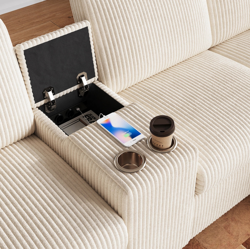 Divano a U in velluto a coste beige con ricarica e 2 pouf