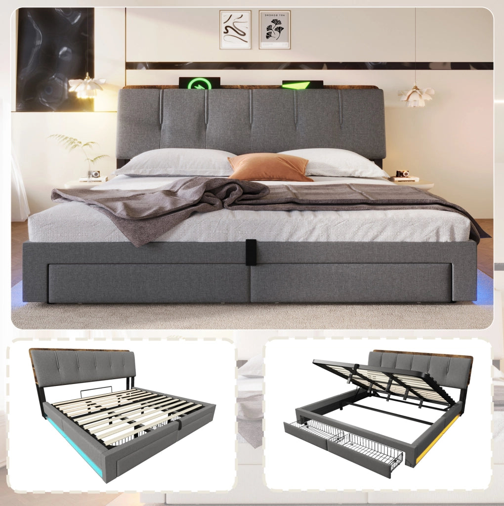 LETTO Contenitore 180x200 cm Lino Grigio con USB e LED