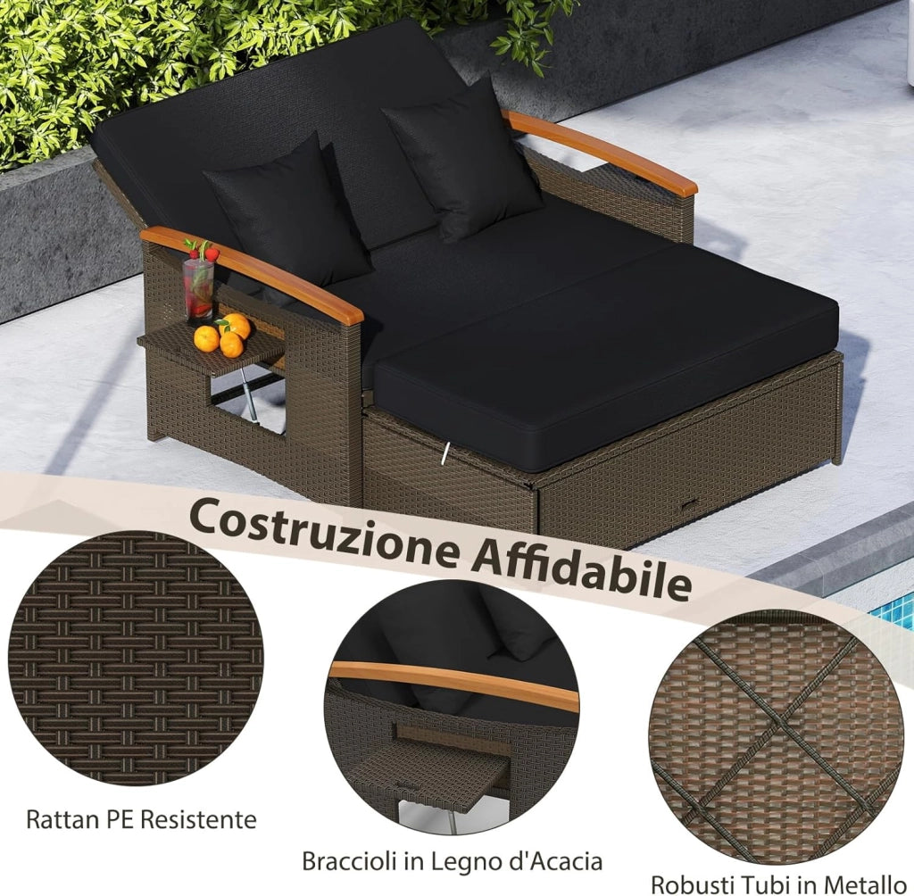 Lettino Regolabile da Giardino con Cuscino e Panca Contenitore, Divano Salvaspazio da Esterno con Schienale Regolabile a 4 Livelli e Vassoi Laterali Estraibili, per Piscina e Cortile (Nero)