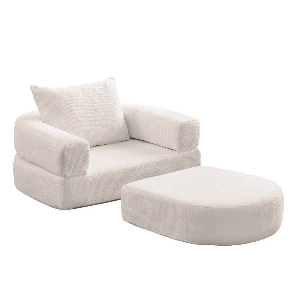 Divano modulare minimalista in ciniglia beige, seduta reversibile e componibile per soggiorno