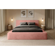 Letto contenitore VELORA – Corallo – 160x200 cm – Tessuto velluto morbido – Rete sollevabile – Contenitore integrato