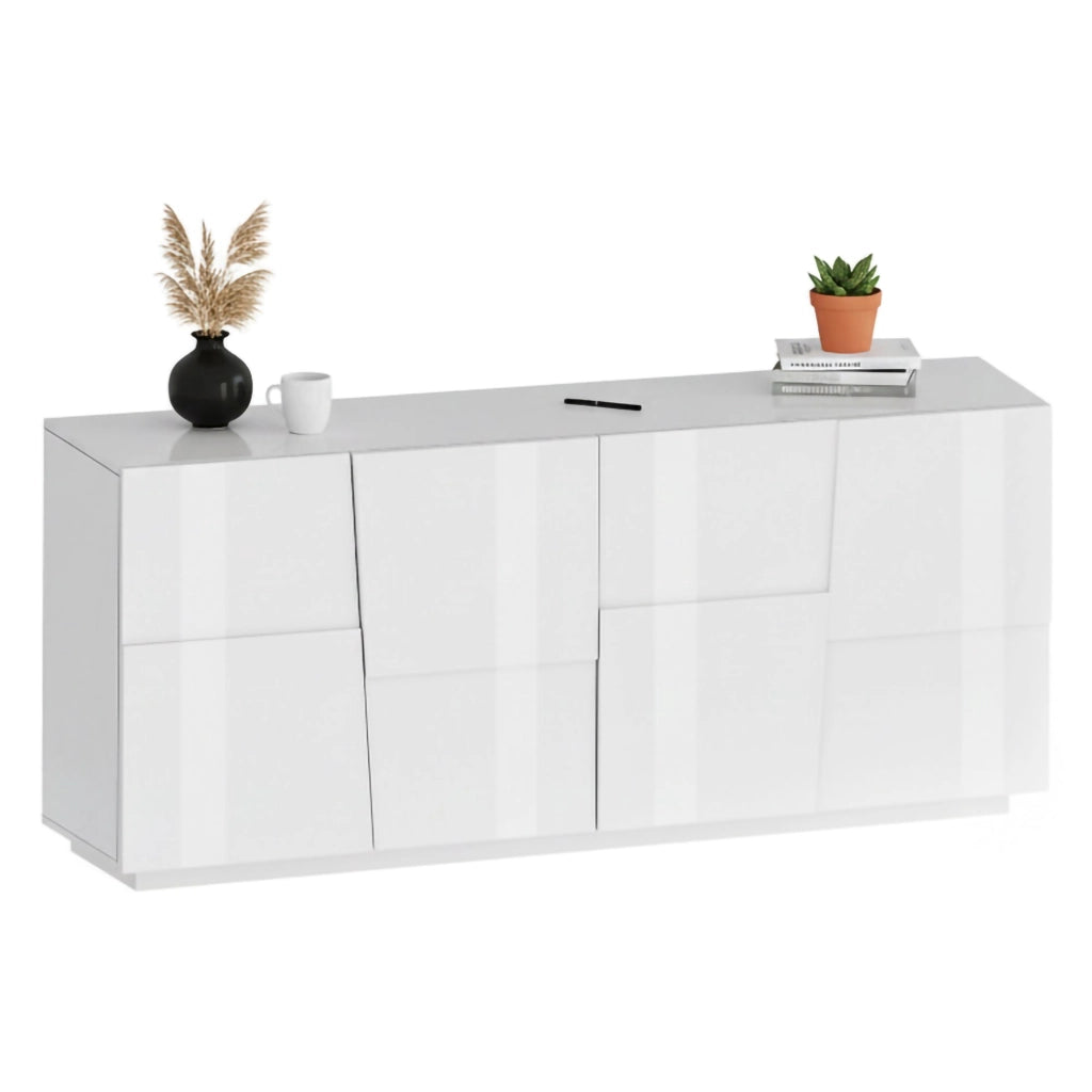 Credenza Arda, Buffet da soggiorno, Madia da salotto moderna con 4 ante, 200x44h86 cm, Bianco lucido