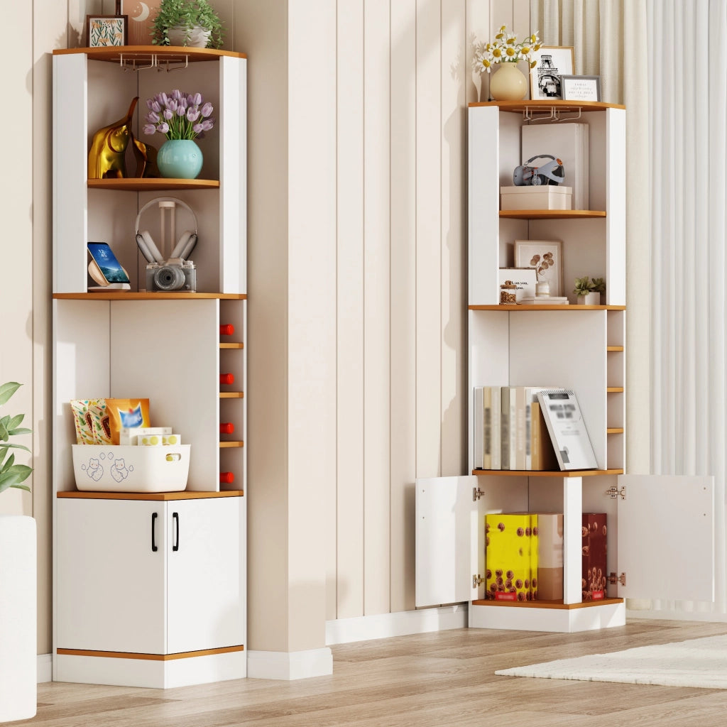 Mobile angolare per vini con portabicchieri; 4 vani e armadietto; per cucina e soggiorno; bianco; 40 × 40 × 182 cm