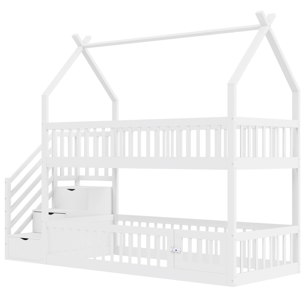 DESMIU Letto a castello per bambini 90 × 200 cm 1 posto con scala, cassetti e tetto, senza materasso, in legno bianco