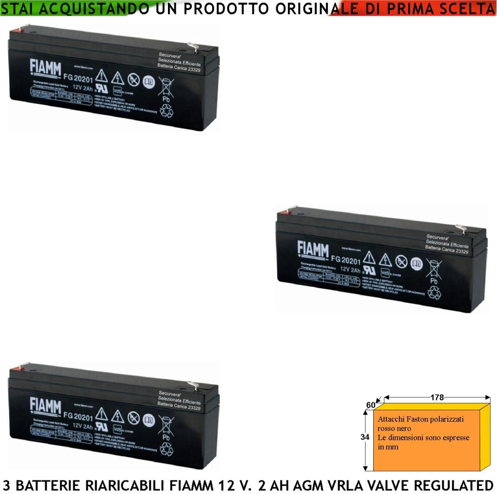Batteria Accumulatore 12 V 2 Ah 3 Pezzi. Collegamento Tramite 2 Faston 5 mm Polarizzati Ermetica AGM VRLA Valve Regulated Selezionata da Securvera Caricata Marca Fiamm PRC Misure L178XP34XH60 mm