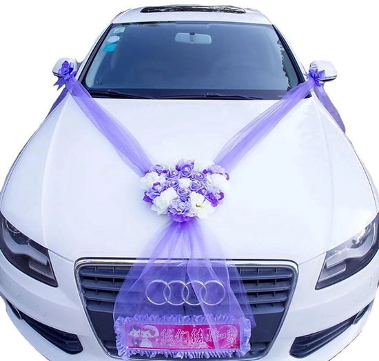 Decorazione Auto per Matrimonio - Autobloem Versiering - Accessori per Auto - Decorazione per Auto - Fioriera per Auto - Tulle 4,5 m - Diametro Fiori 30 cm - Decorazione Auto