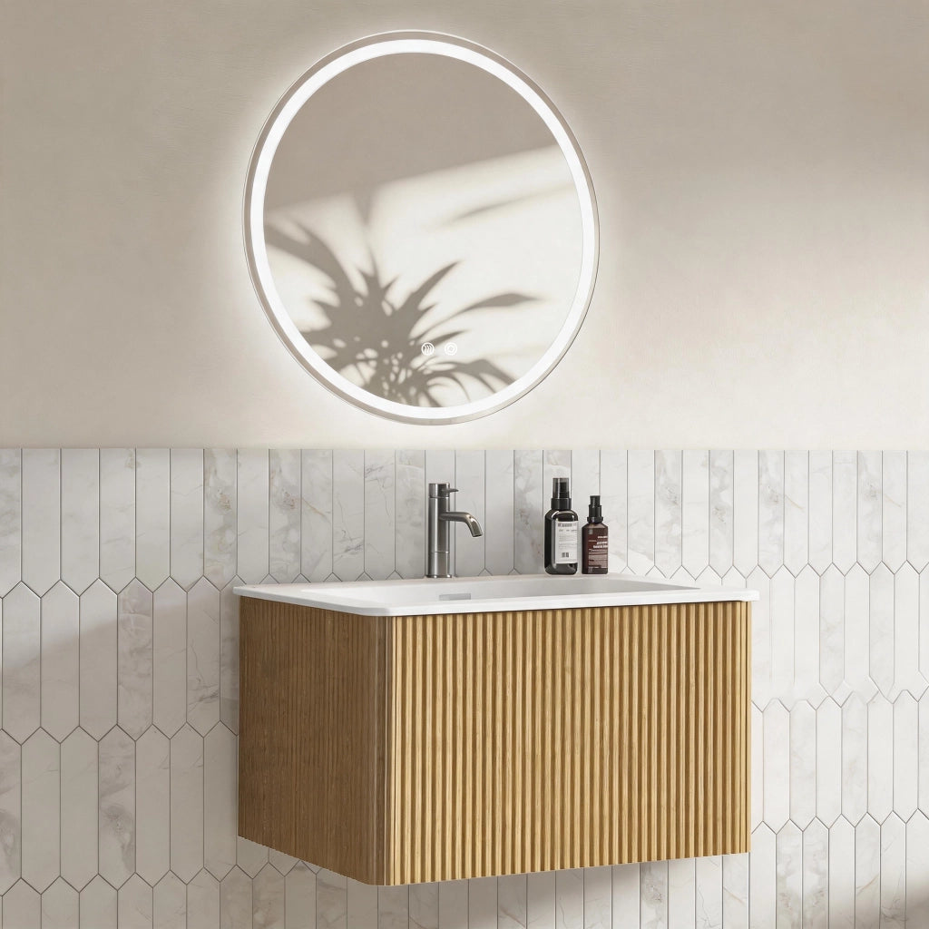 Mobile bagno con specchio LED sospeso con lavabo integrato e antiappannamento per bagno in MDF e solid surface rovere