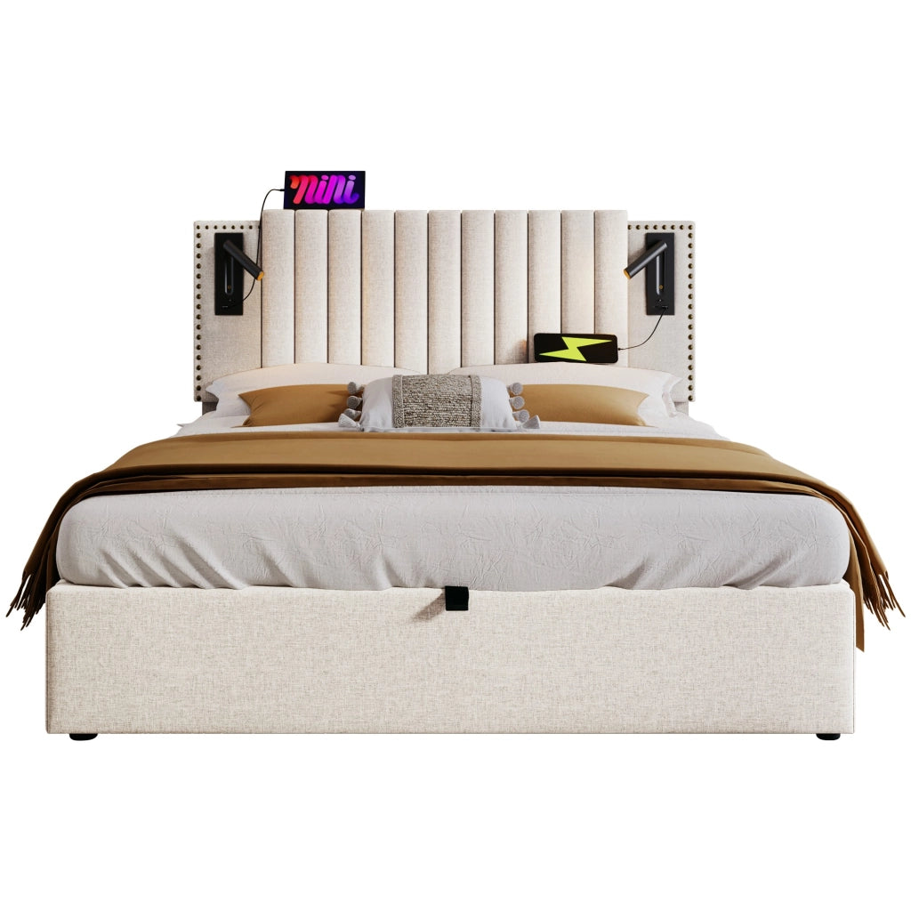 Letto matrimoniale imbottito 140x200 con contenitore, luci da lettura, USB e testiera regolabile beige