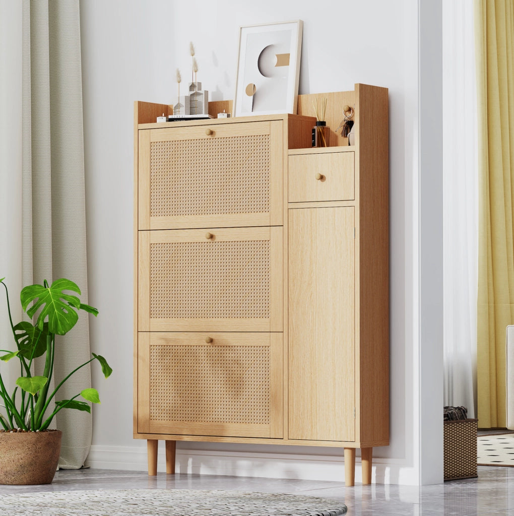 Scarpiera salvaspazio con 3 ante a ribalta e cassetto; 90x125x17 cm; naturale; in MDF e legno massello