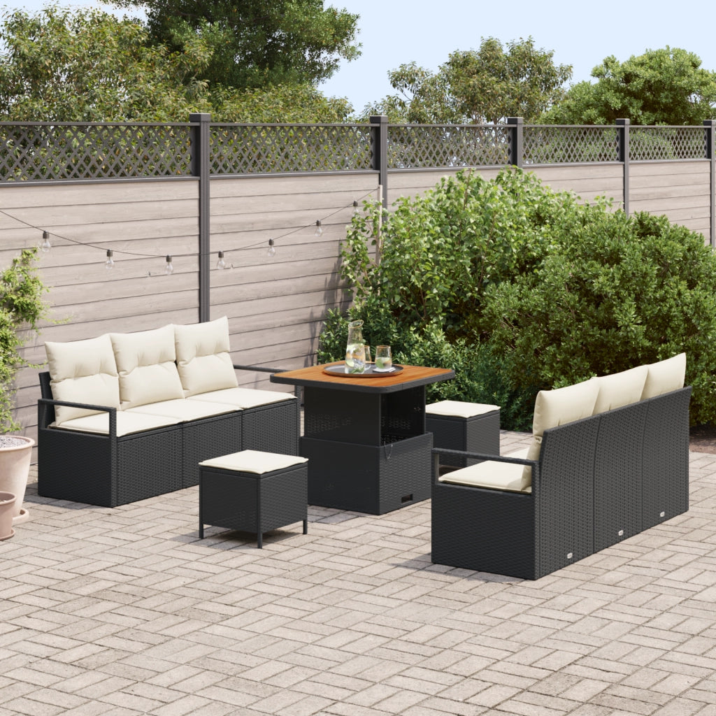 Set Divano da Giardino 9 Pezzi con Cuscini Nero Polyrattan Acacia