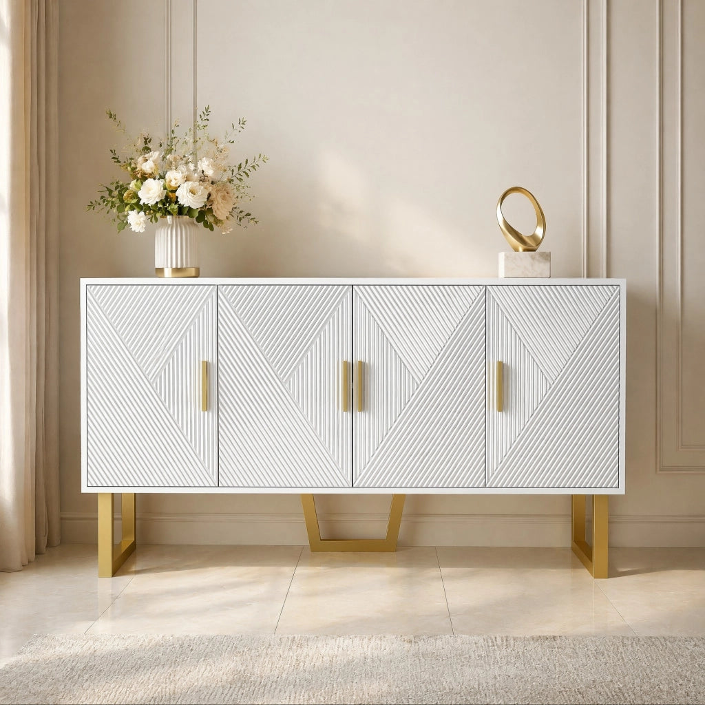 Credenza moderna di lusso con 4 ante, ripiani regolabili, porte lucide strutturate e dettagli oro, bianca 150 × 40 × 82 cm