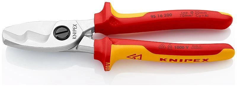 Knipex 95 16 200 Cesoia per Cavi con Doppio Tagliente Diametro Max 20 mm Sezione Max 70 mm² Manici Isolati VDE Acciaio Forgiato Temperato a Olio colore Rosso Giallo