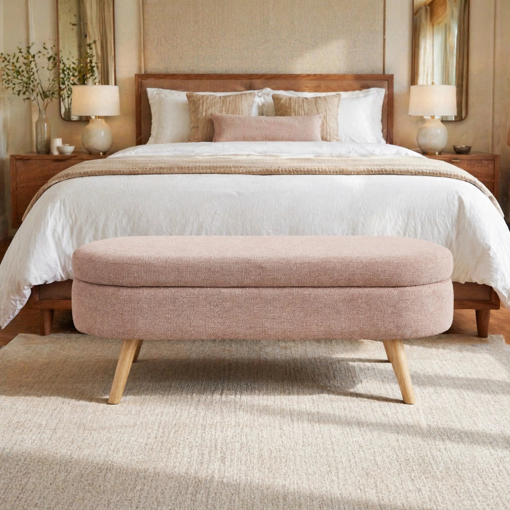 Panca Contenitore 110 cm con Vano Portaoggetti, Forma Ovale senza Spigoli, in Velluto, Rosa