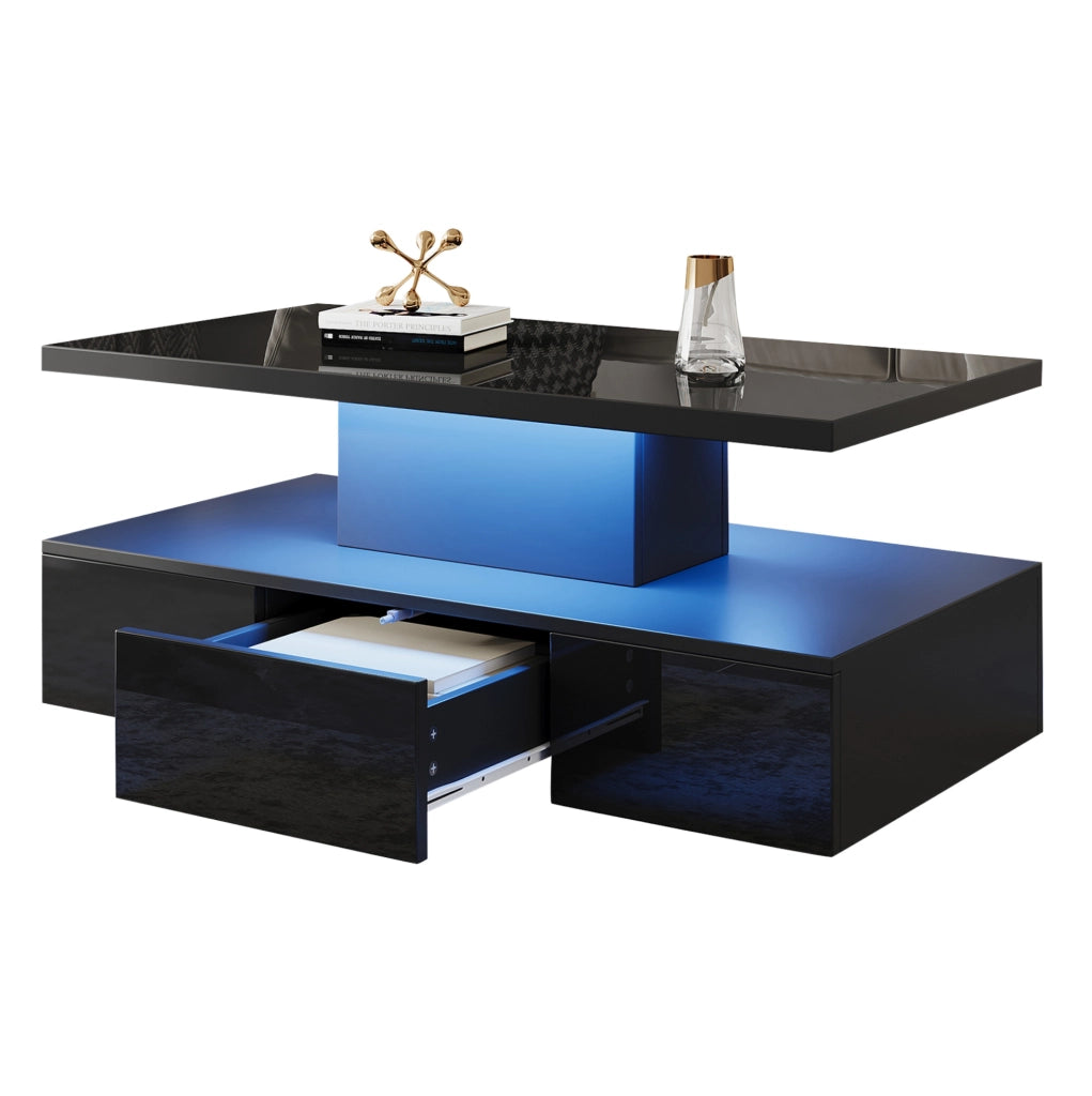 Tavolino da caffè LED nero con cassetto e ripiano, 100x50x39 cm