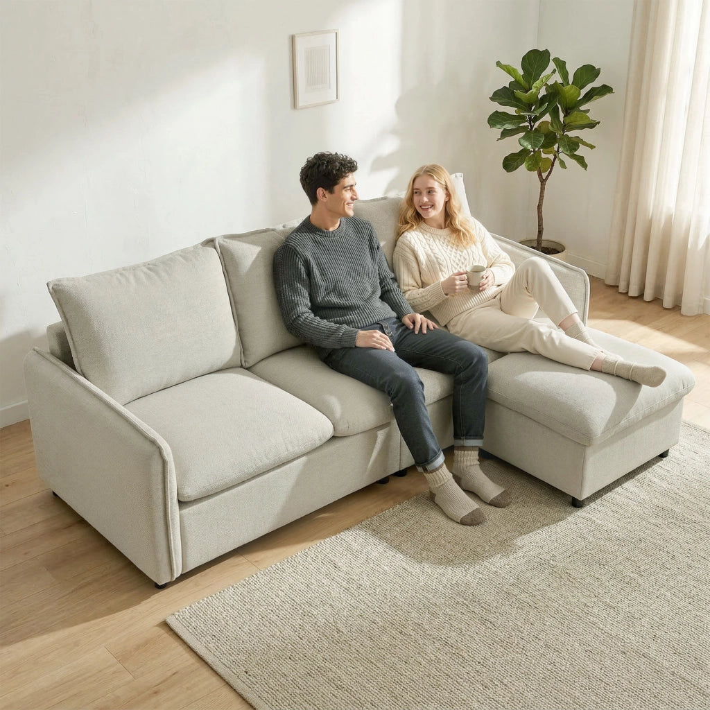 Divano Angolare 3 Posti con Pouf Contenitore ¨C Zephmum ¨C Tessuto Lino, Cr¨¨ma, 212 cm
