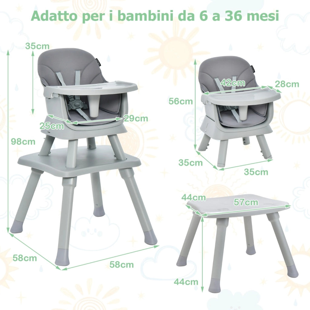 Seggiolone per neonati con imbracatura a 5 punti cuscino rimovibile, Seggiolone per bambini convertibile Grigio-Seggioloni
