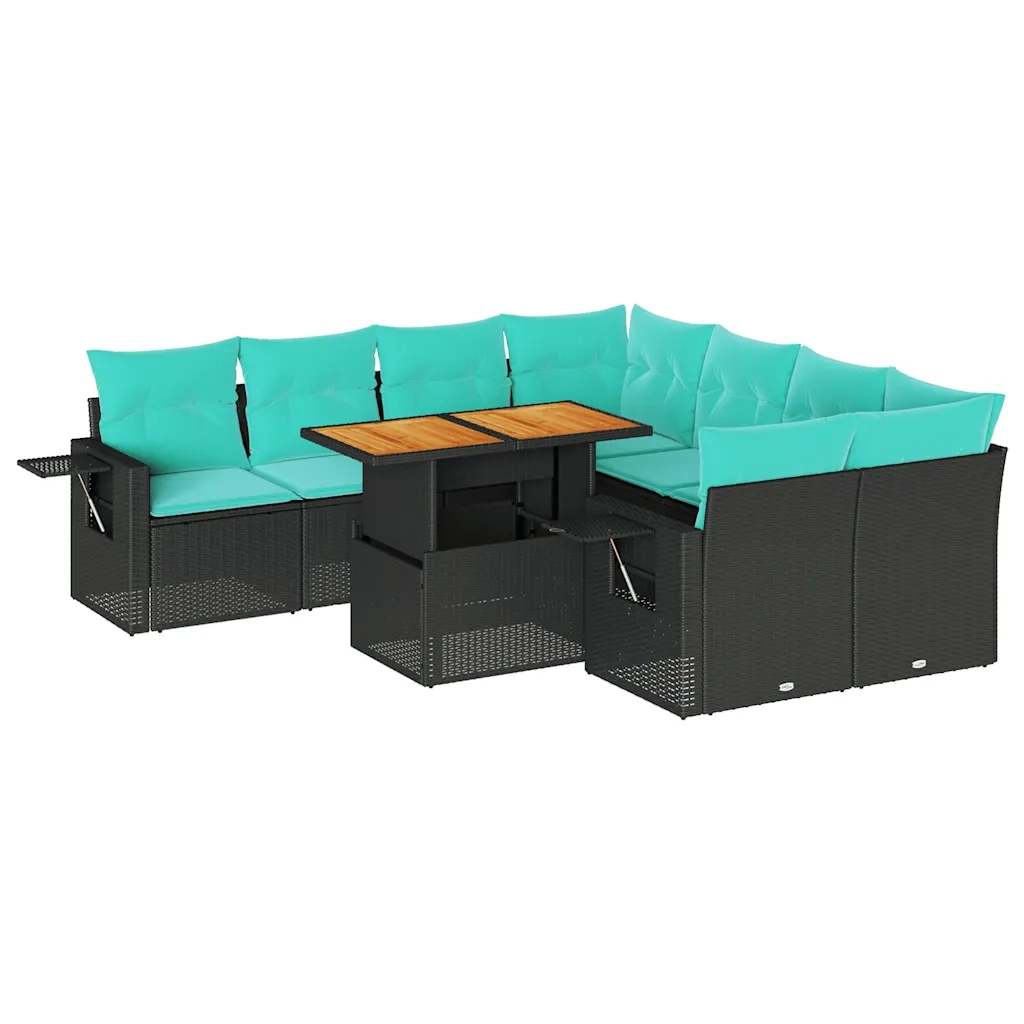 Set Divani da Giardino 9 pz con Cuscini Nero in Polyrattan