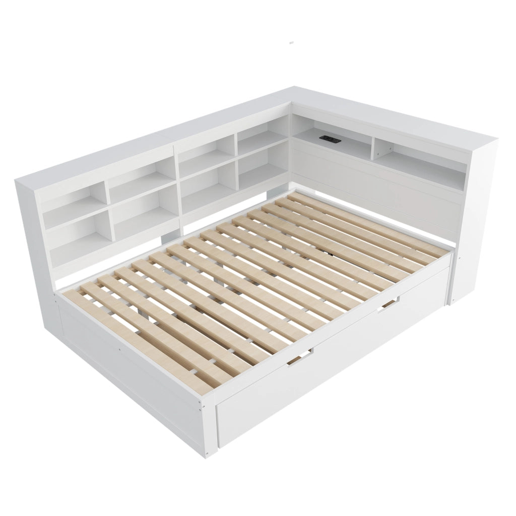 OKWISH Letto a Scomparsa 140×200 cm e 90×190 cm, Letto 3 Posti con USB, Vani Portaoggetti e Contenitori, senza Materasso, in Legno, Bianco