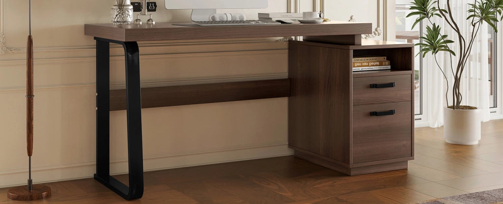 Scrivania 135x54 cm in MDF e metallo marrone， con contenitore integrato