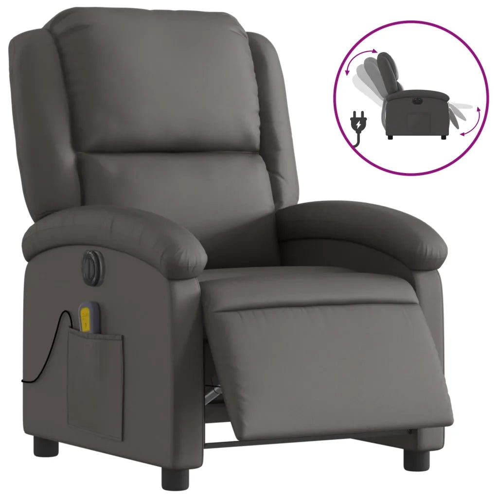 Poltrona Reclinabile Elettrica Grigia in Vera Pelle 3204257
