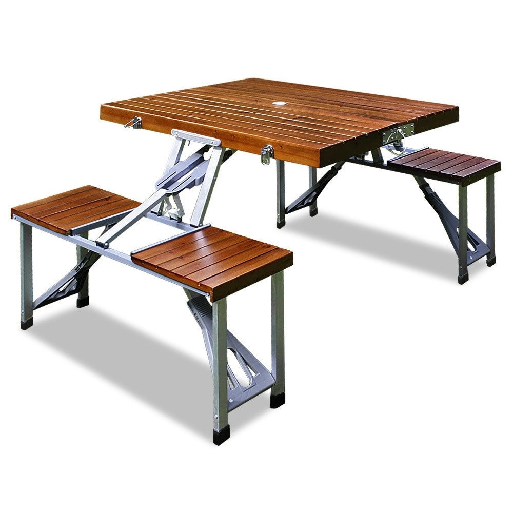 Trade Shop - Set Tavolo Tavolino Pieghevole Pic Nic Campeggio Alluminio Con 4 Sgabelli Legno -