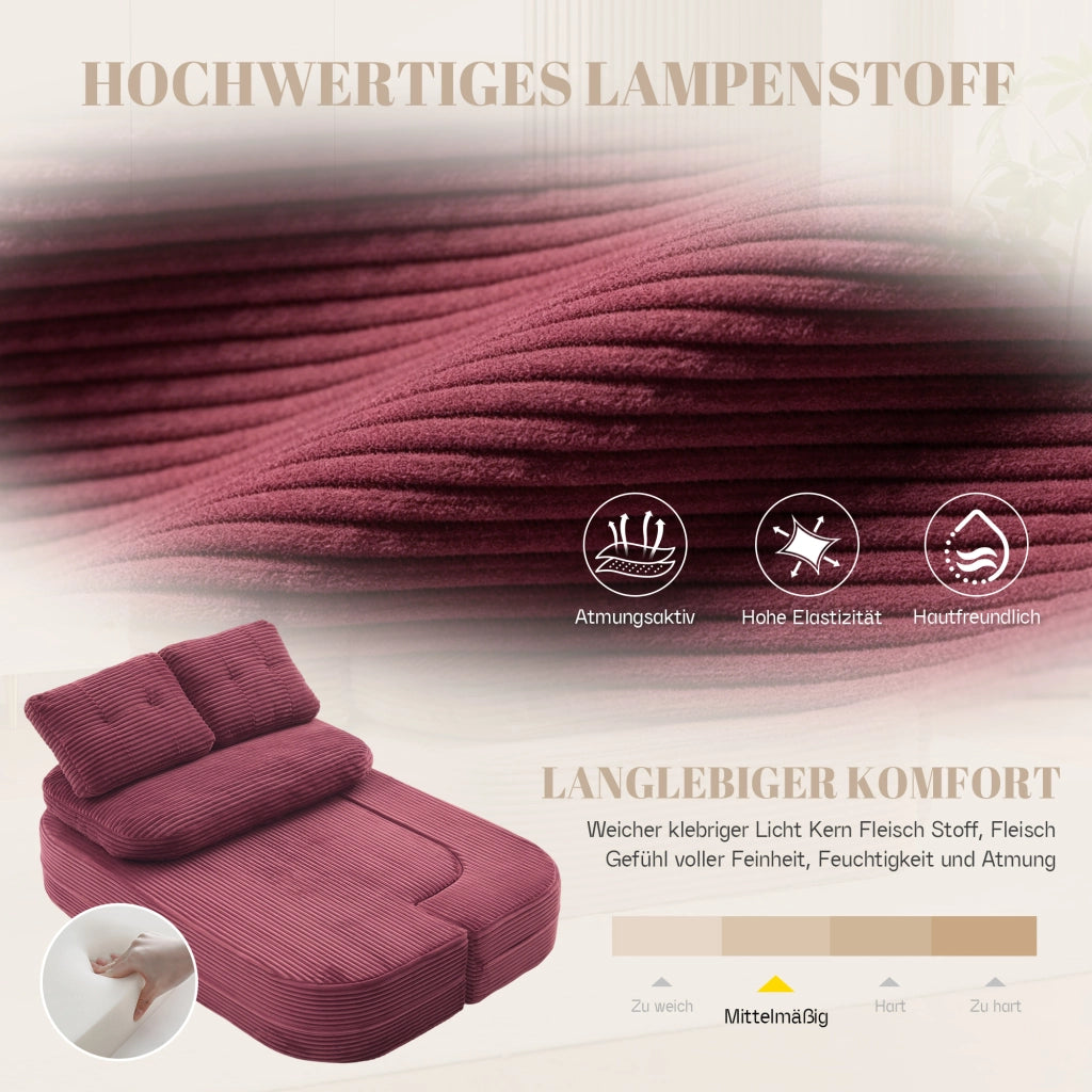 Fauteuil convertible 2 in 1 in cord con doppio portabicchieri, schienale alto e seduta extra profonda vinaccia