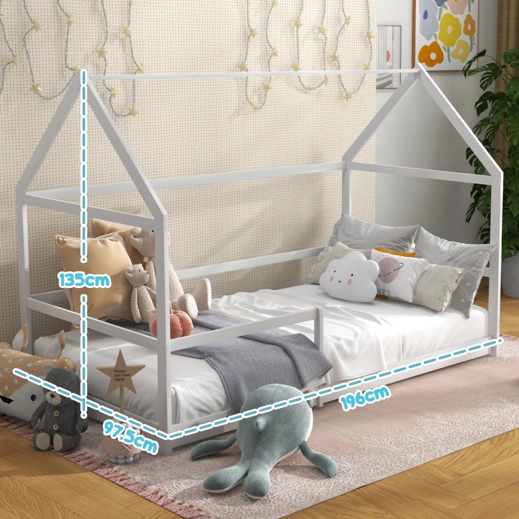 Letto per Bambini con Sponde di Protezione a Forma di Casetta 196x97,5x135 cm Bianco