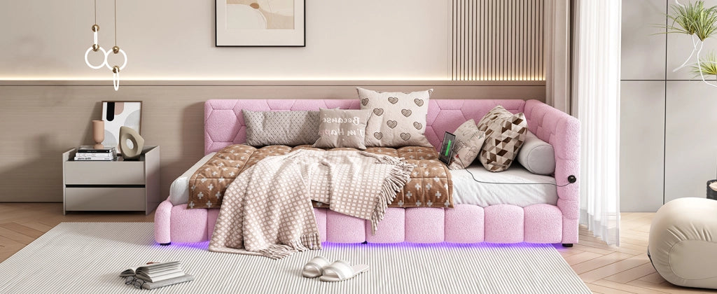 DESMIU Letto daybed 90 × 200 cm 1 posto LED regolabile, USB, Type-C, senza materasso, velluto, rosa
